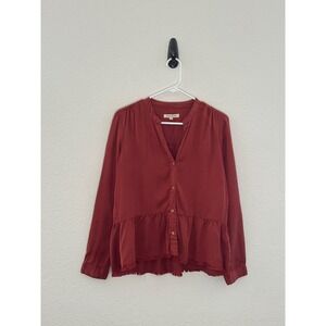 Harper Peplum Blouse Women Medium Rust Red Long Sleeve Raw Hem Lyocell Boho